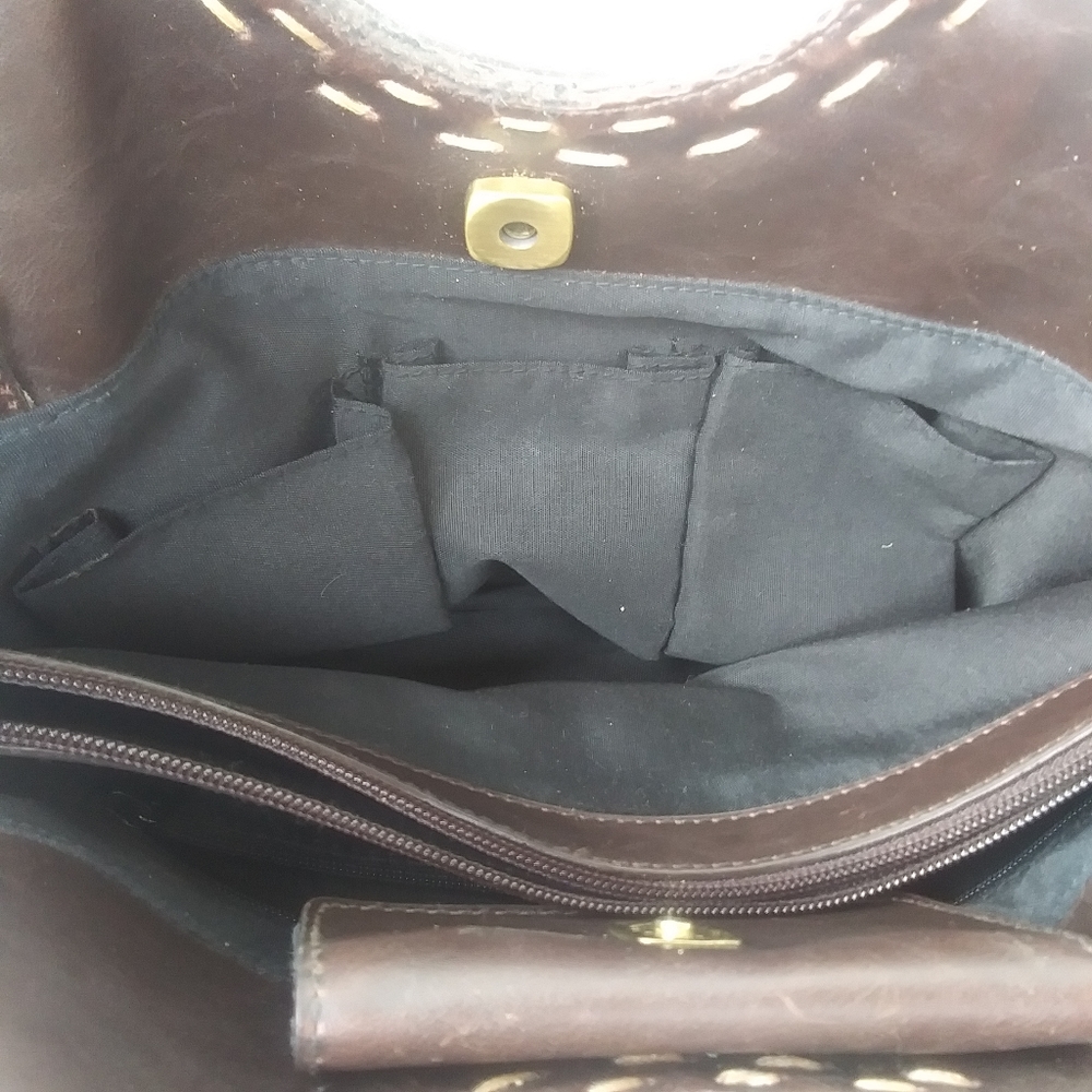 Vintage Liz Claiborne Crazy Horse  Round Handle Faux Leather Bag, Dark Brown - Picture 5 of 15